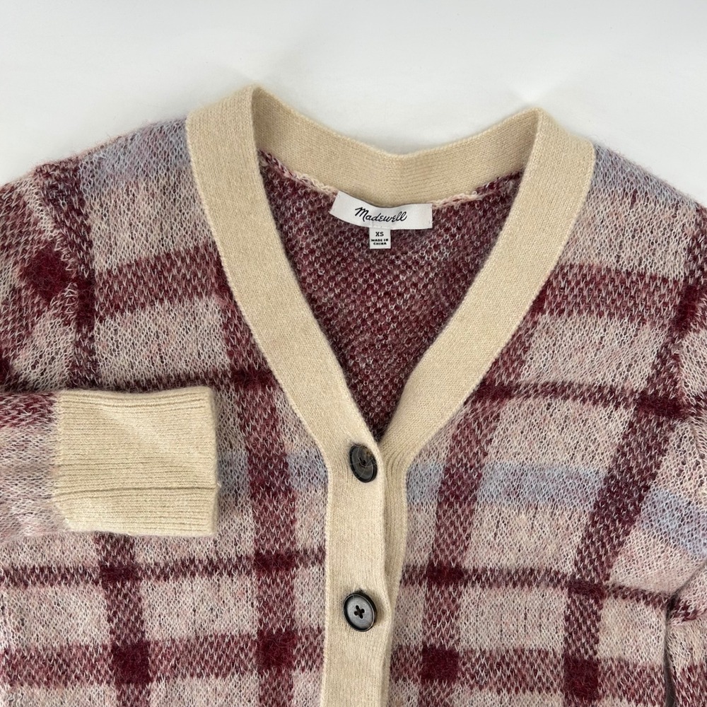Madewell Cardigan Womens XS Tan Burgundy Plaid Alpaca Merino Wool Cropped Knit
